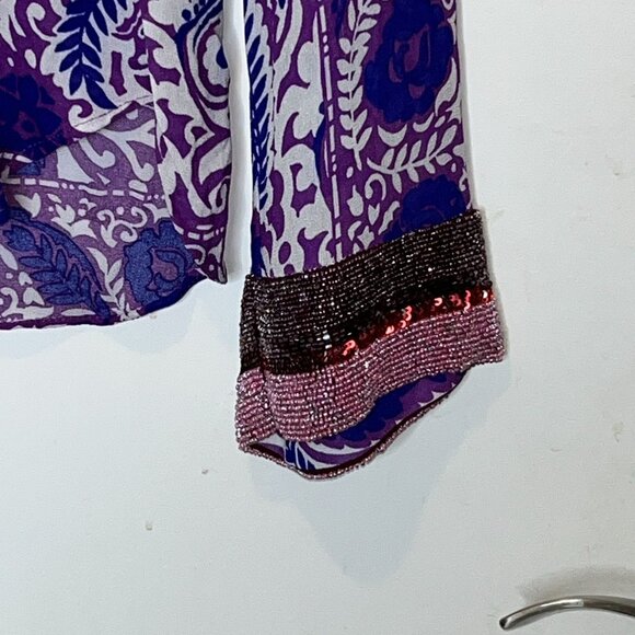 Zara Purple & White Paisley Button-Up Blouse With Beaded Cuffs M Medium - Picture 4 of 9